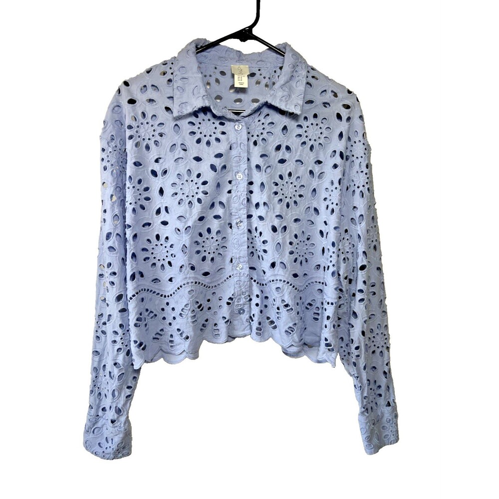Joie Blue Floral Eyelet Lightweight Collared Button Cotton Top Long Sleeve XL